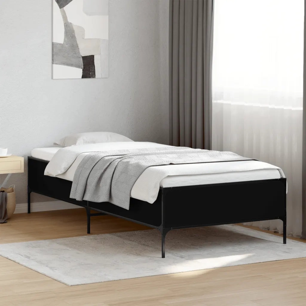 Letto singolo | Letto per adulti | Giroletto Nero 90x190 cm in Legno Multistrato e Metallo