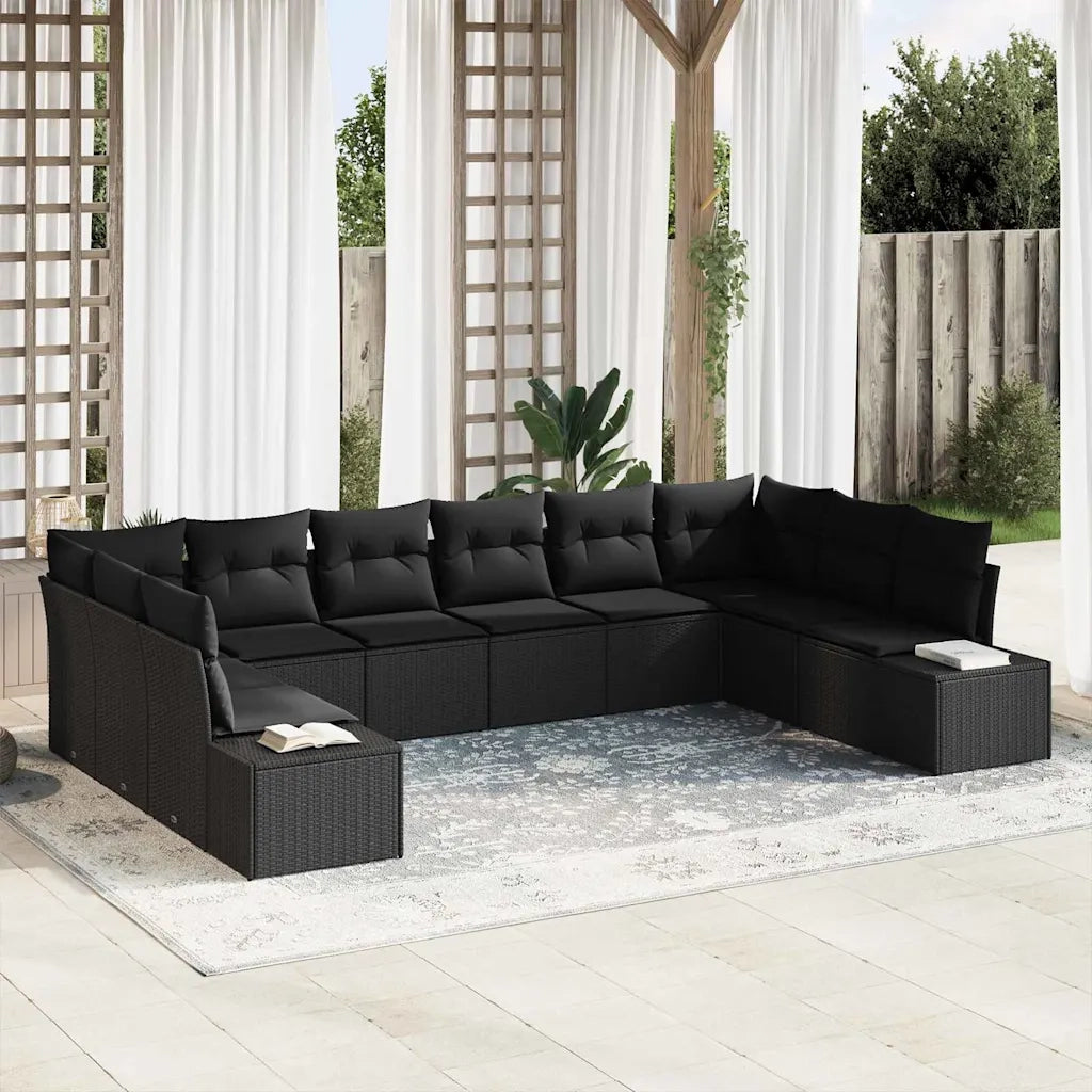 Set Divano da Giardino con cuscino 10 pcs Nero Polyrattan
