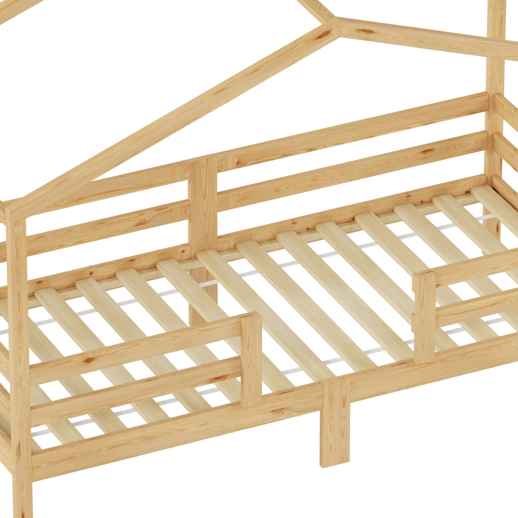 Letto a casetta per bambini 90x200 cm in legno massello di pino, per maschietti e femminucce, con tetto a forma di casetta, protezione anticaduta su t