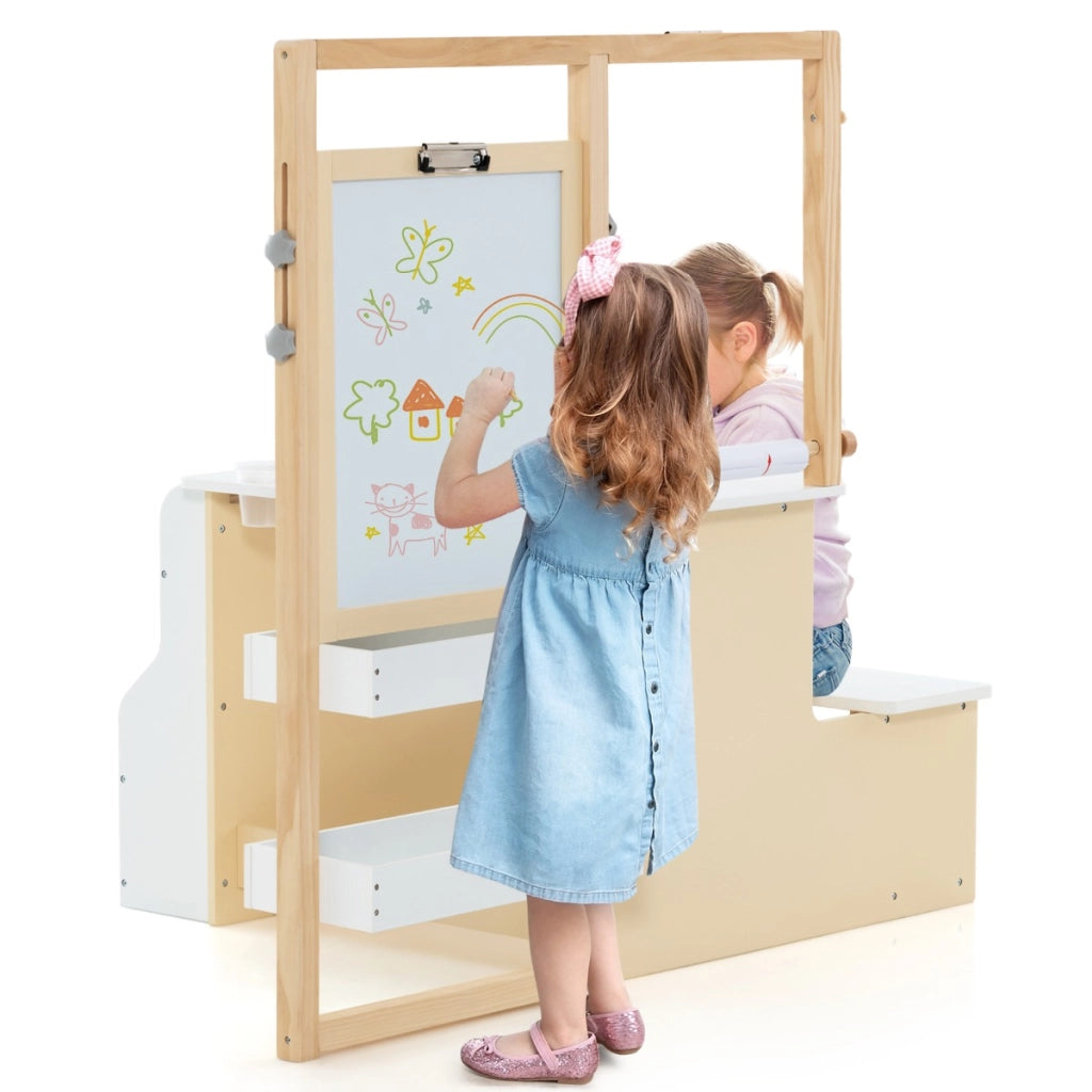 Set tavolo e panca per bambini con cavalletto regolabile a doppia faccia, Centro artistico in legno 114x81x100cm Bianco