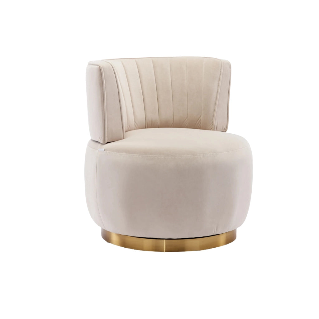 Sedia girevole 360° con schienale ergonomico; seduta imbottita; struttura in legno e metallo; velluto beige