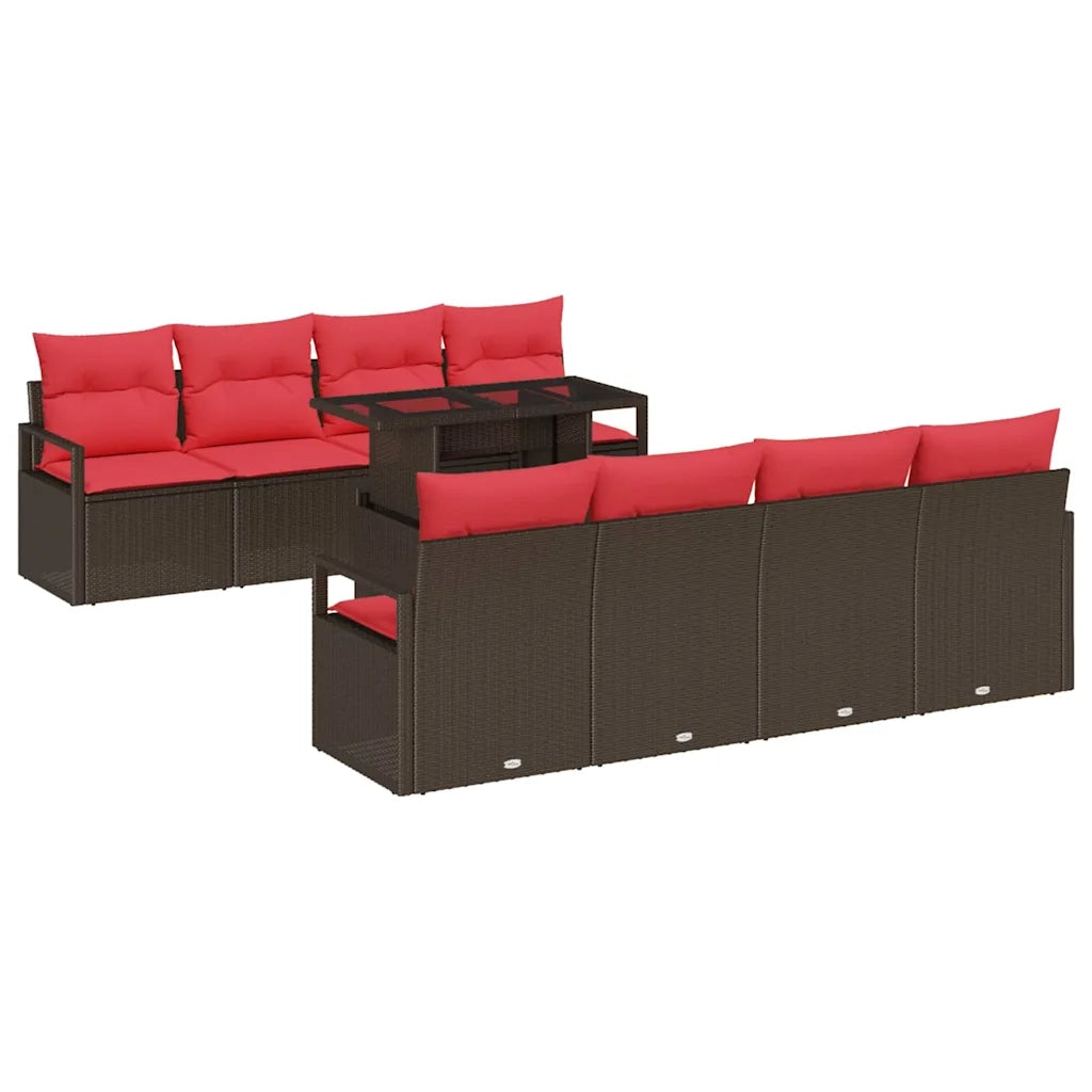 Set Divano da Giardino 9 pcs Marrone e Rosso polyrattan 3348790