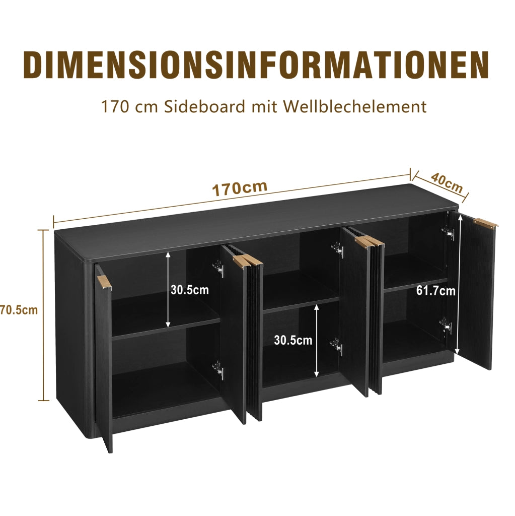 Credenza moderna 170 cm con design ondulato; 6 ante; in MDF nero