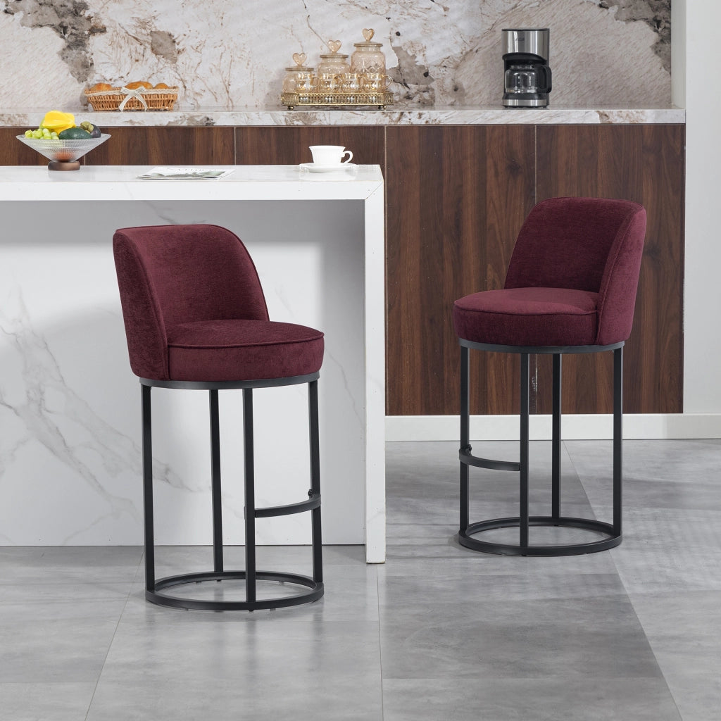 Sgabello da Bar con Schienale Ergonomico e Poggiapiedi, Struttura in Metallo, in Lino Rosso Vino