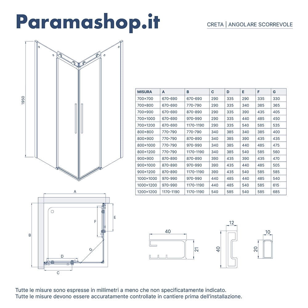 Box doccia angolare 70x70cm due ante scorrevoli  vetro 8mm trasparente profili cromati h195 | Creta