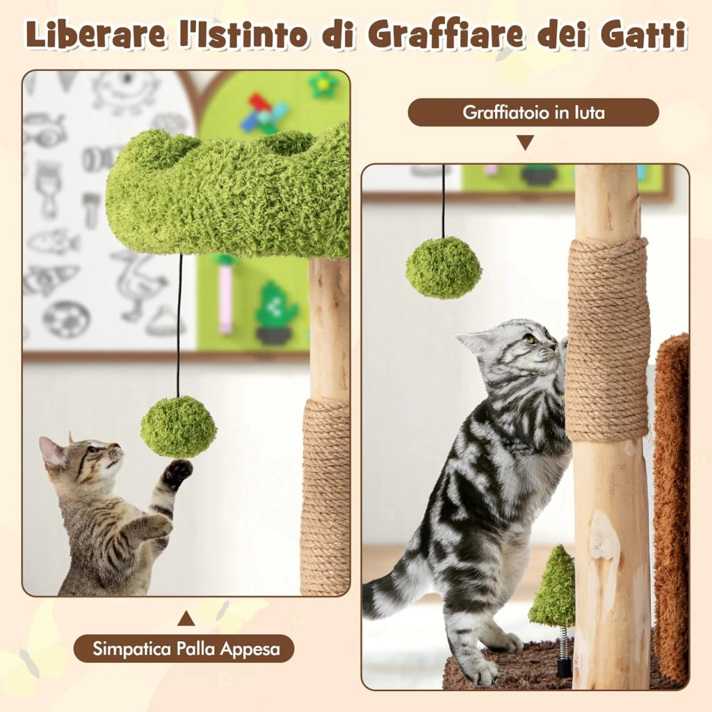 Tiragraffi a Forma di Albero per Gatti 73cm, Albero per Animali Domestici con Pali per Graffiare, Trespolo Superiore e Piattaforma Rotonda Ampia, Torre Moderno Interno, Marrone e Verde