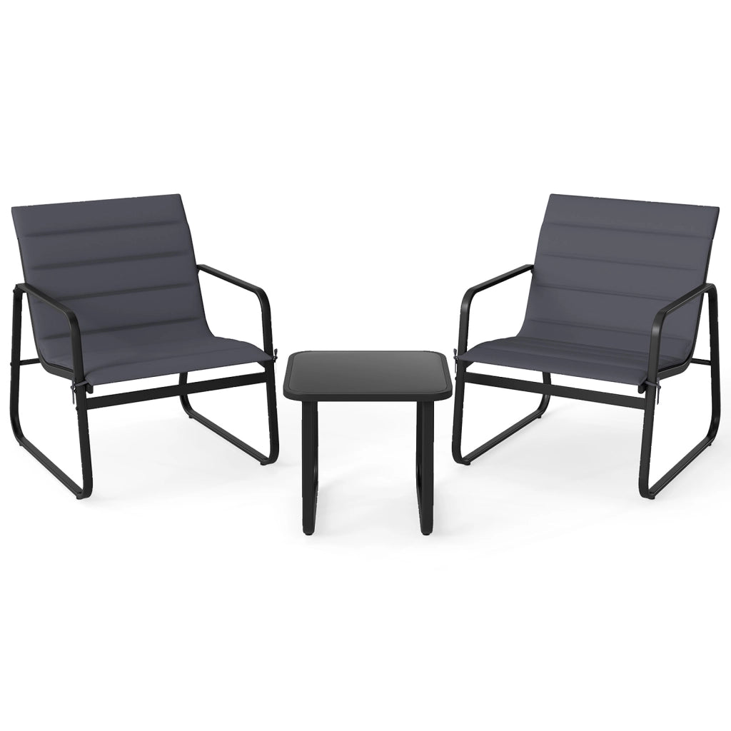 Set bistrò da esterno 3 pezzi metallo moderno piano vetro temperato cuscini rimovibili-Sedie da giardino traspiranti set relax per cortile esterni