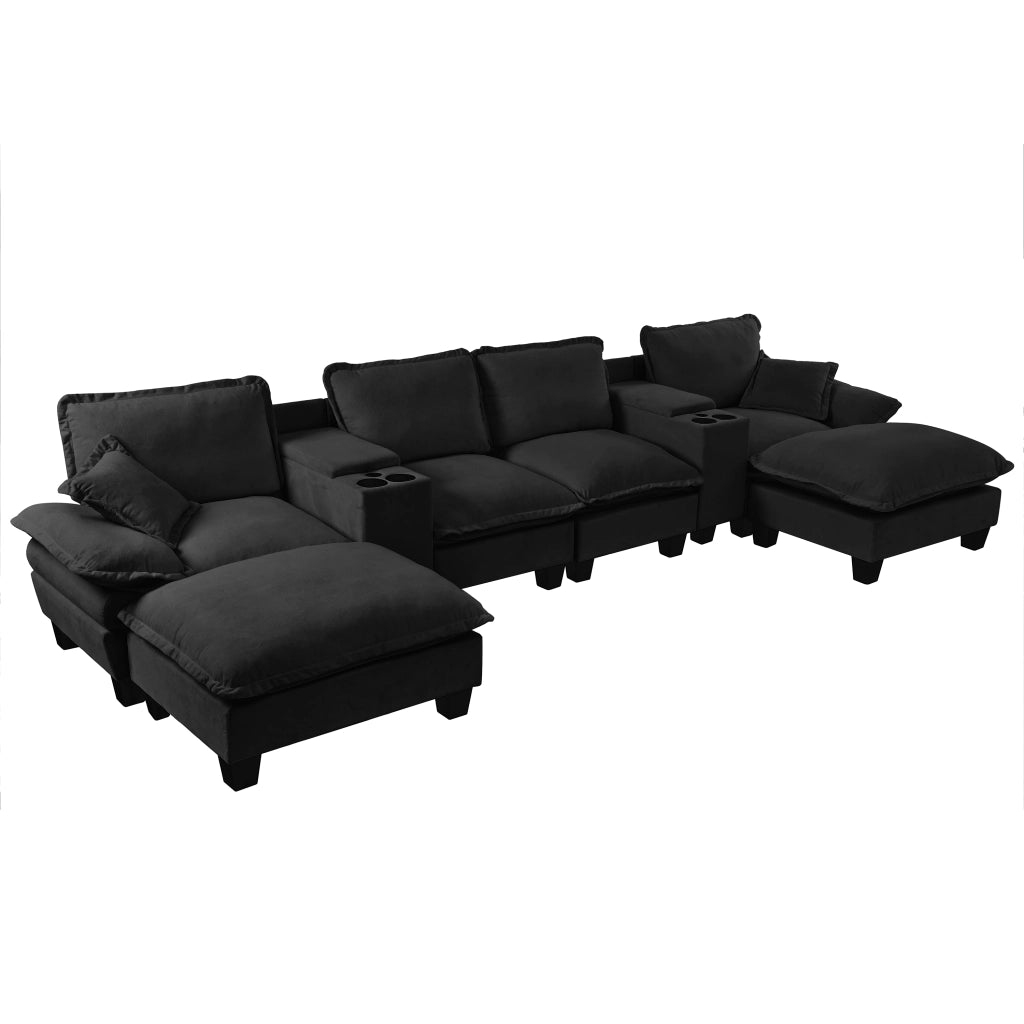 Divano Modulare U con Ottomane, Portabicchieri e USB ¨C Xylo ¨C Chenille Nero