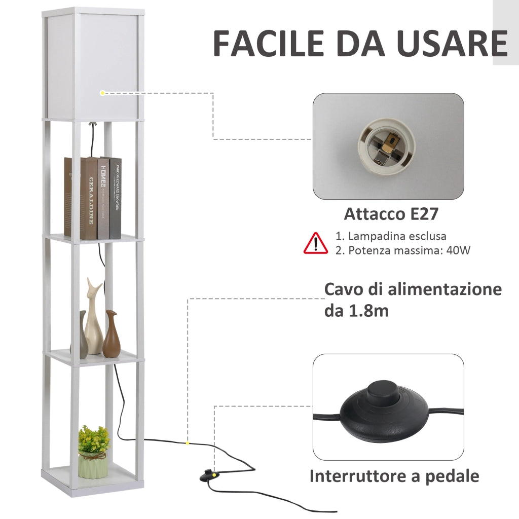 Lampada da Terra con Mensole ¨C Xylo ¨C MDF Bianco 26x26x160cm