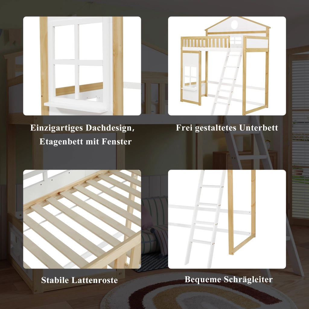 Letto a Castello 90x200 cm - con Scala; Tetto; Finestre e Sponde - Bianco e Naturale