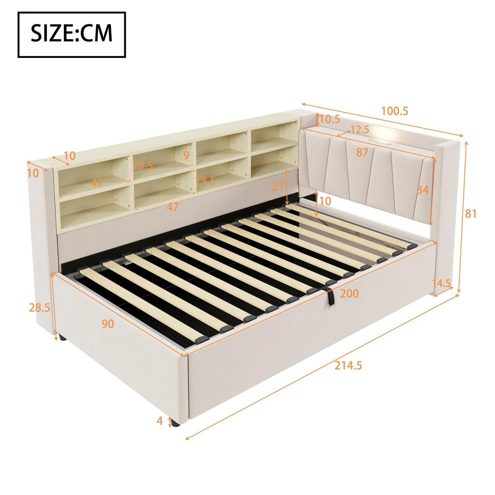 Letto Imbottito Contenitore con Testiera, Luce LED e USB ¨C MINIMAL ¨C Velluto Beige 90x200