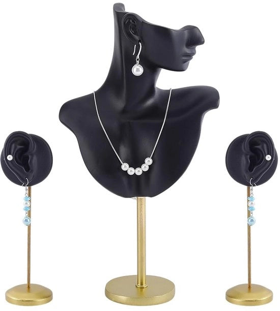 Standard per gioielli con 2 orecchini - supporto in cera - base per esposizione - supporto in acciaio dorato - altezza 32 cm - busto per gioielli