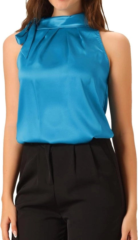 Top in seta senza maniche per donne con ruches eleganti e colletto rialzato in blu ghiaccio - Taglia M