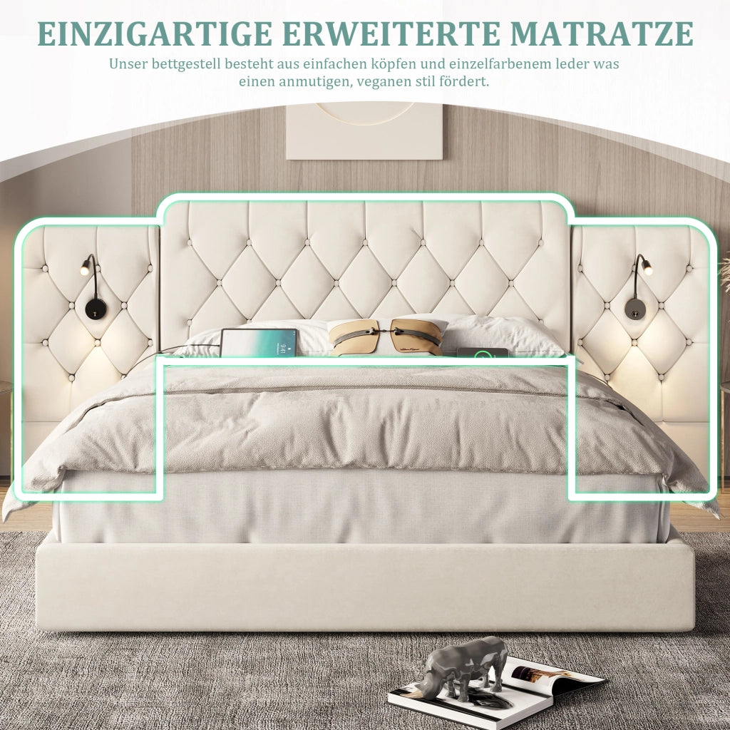 DESMIU Letto contenitore 180 × 200 cm 2 posti con testiera allungata, luci da lettura, USB e senza materasso, beige
