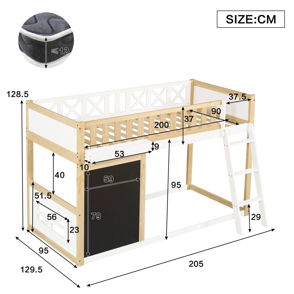 Letto a soppalco 90 × 200 cm 1 posto per bambini con lavagna e contenitore senza materasso in pino e MDF; bianco naturale