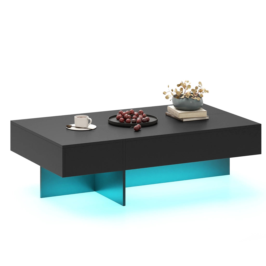 Tavolino da caff¨¨ moderno con striscia led con 3 cassetti per soggiorno, Tavolino laccato lucido 120 x 70 x 35 cm finto marmo Nero