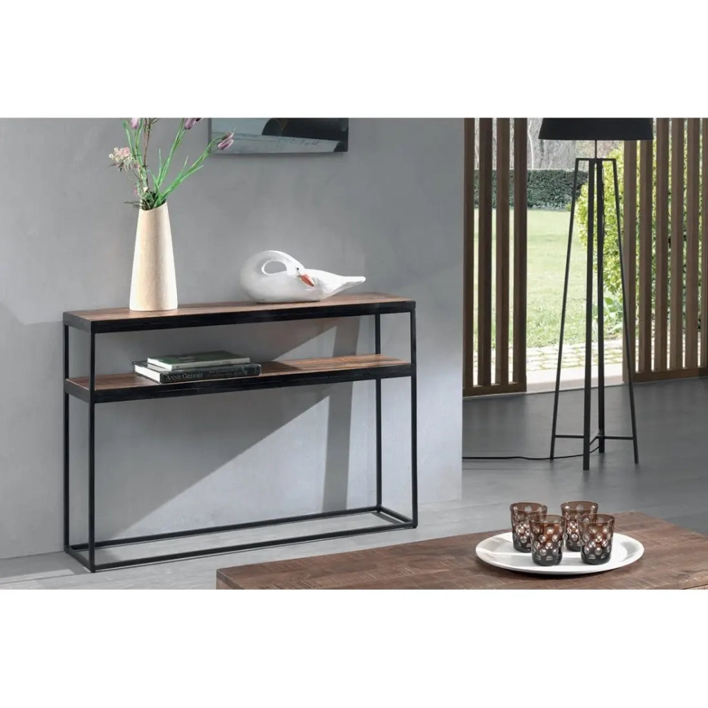 Console da salotto GOA - Legno massiccio esotico e metallo nero - 2 ripiani