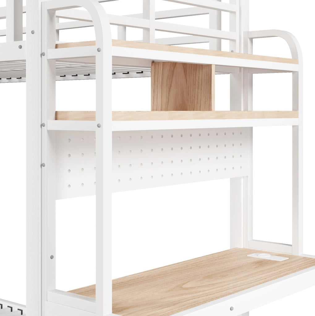 Letto a castello 90x200 cm con scrivania, mensole, LED e USB bianco