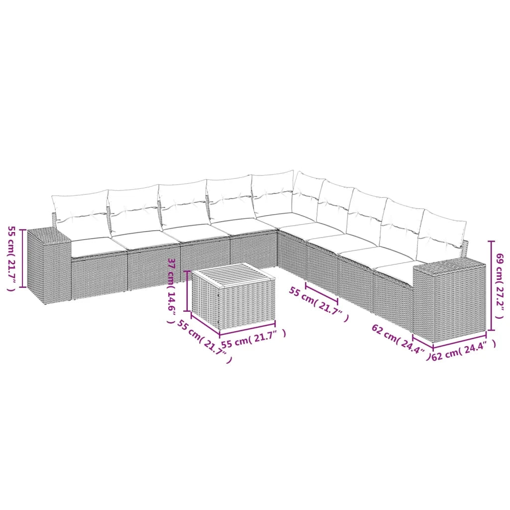 Set Divani da Giardino 10pz con Cuscini in Polyrattan Nero