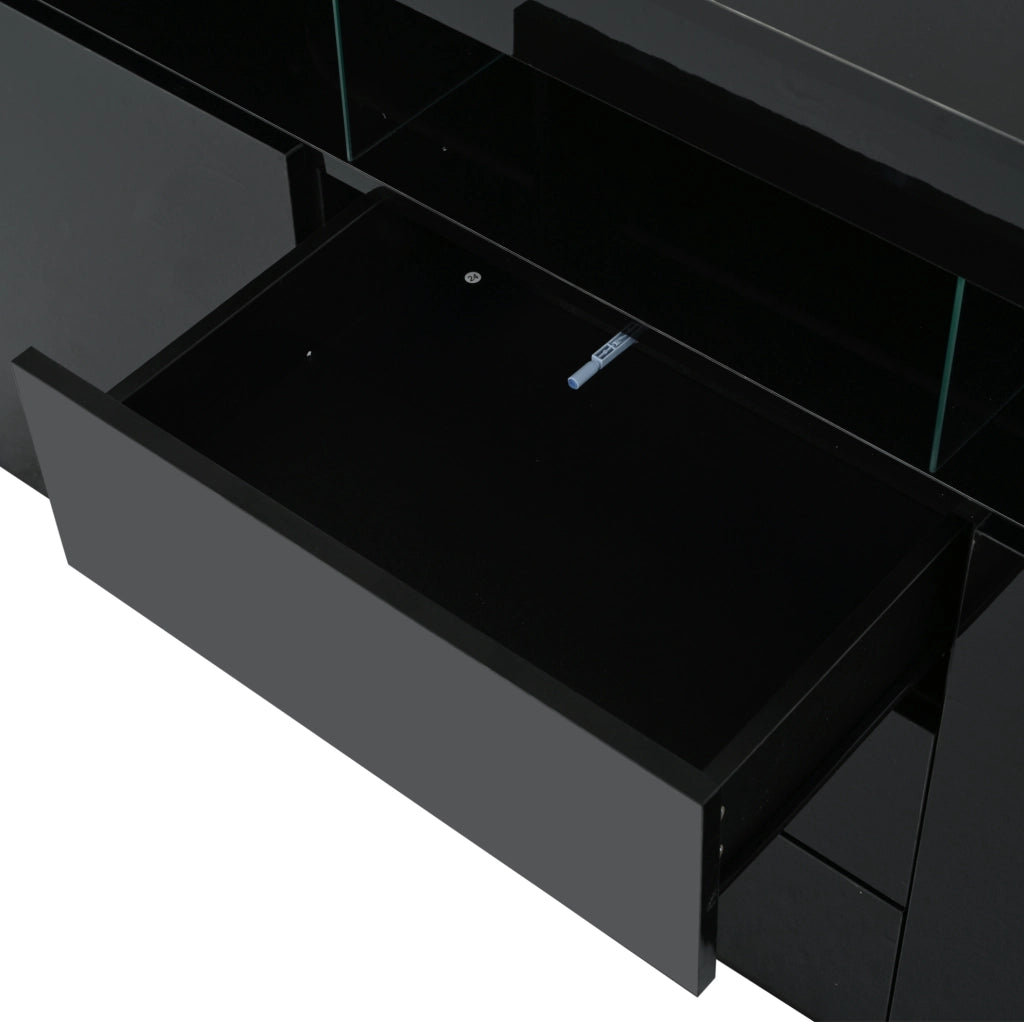 Credenza moderna lucida 140 x 35 x 80 cm con LED; 3 cassetti e 2 ante; nero