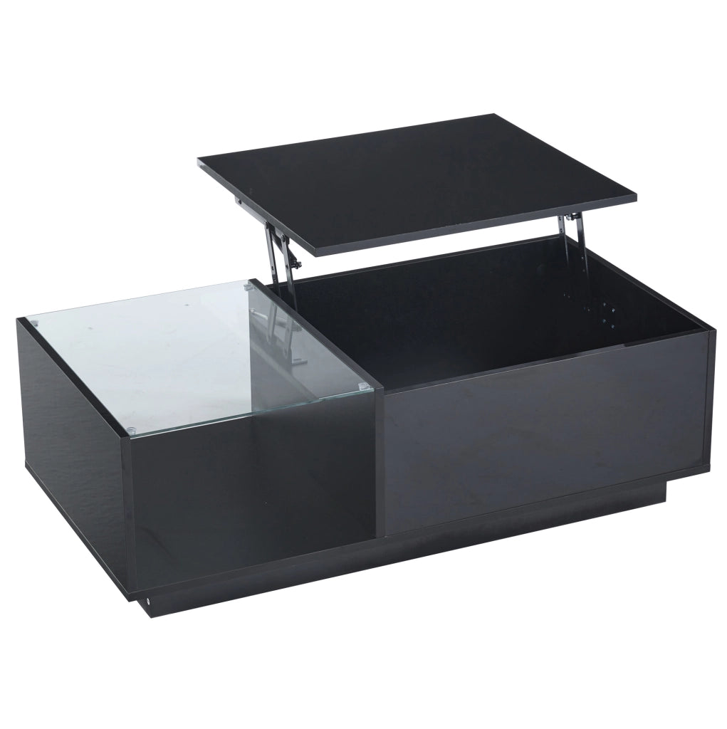 Tavolino da salotto sollevabile con LED APP; piano lucido nero; 100 x 50 x 33 cm in pannello truciolare