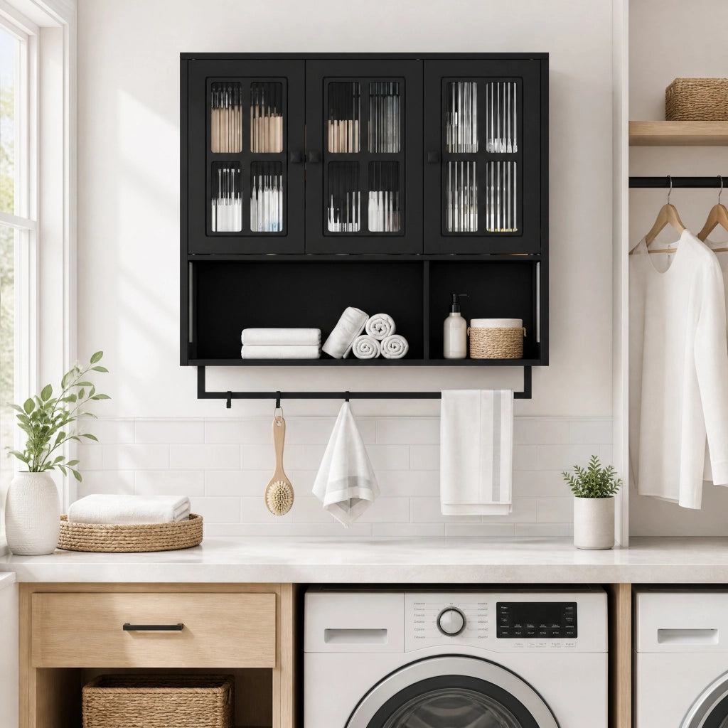 Mobile pensile da bagno moderno a 3 ante in MDF e vetro temperato, nero, con portasciugamani e ripiani regolabili