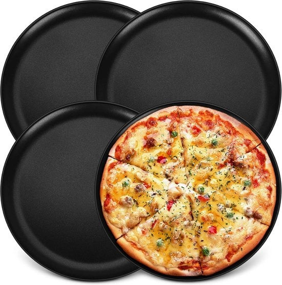 Set di piatti a forma di pizza per cuocere e servire - set di 4 - 30 cm - acciaio inossidabile - rivestimento antiscivolo - non tossico - salutare - sostenibile - facile da pulire