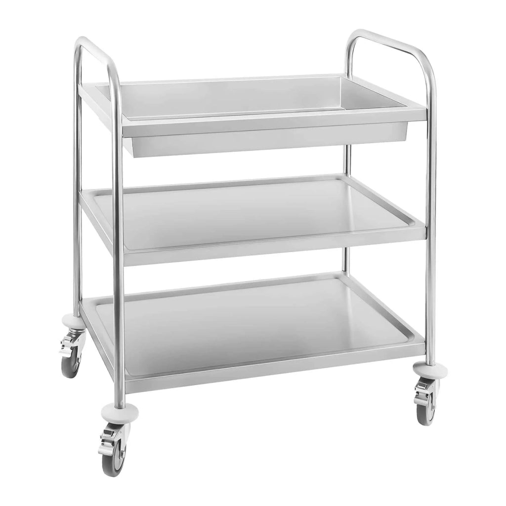 Carrello di servizio in acciaio inox con 2 vassoi e 1 contenitore portata max 500 kg tubi tondi 14_0005025