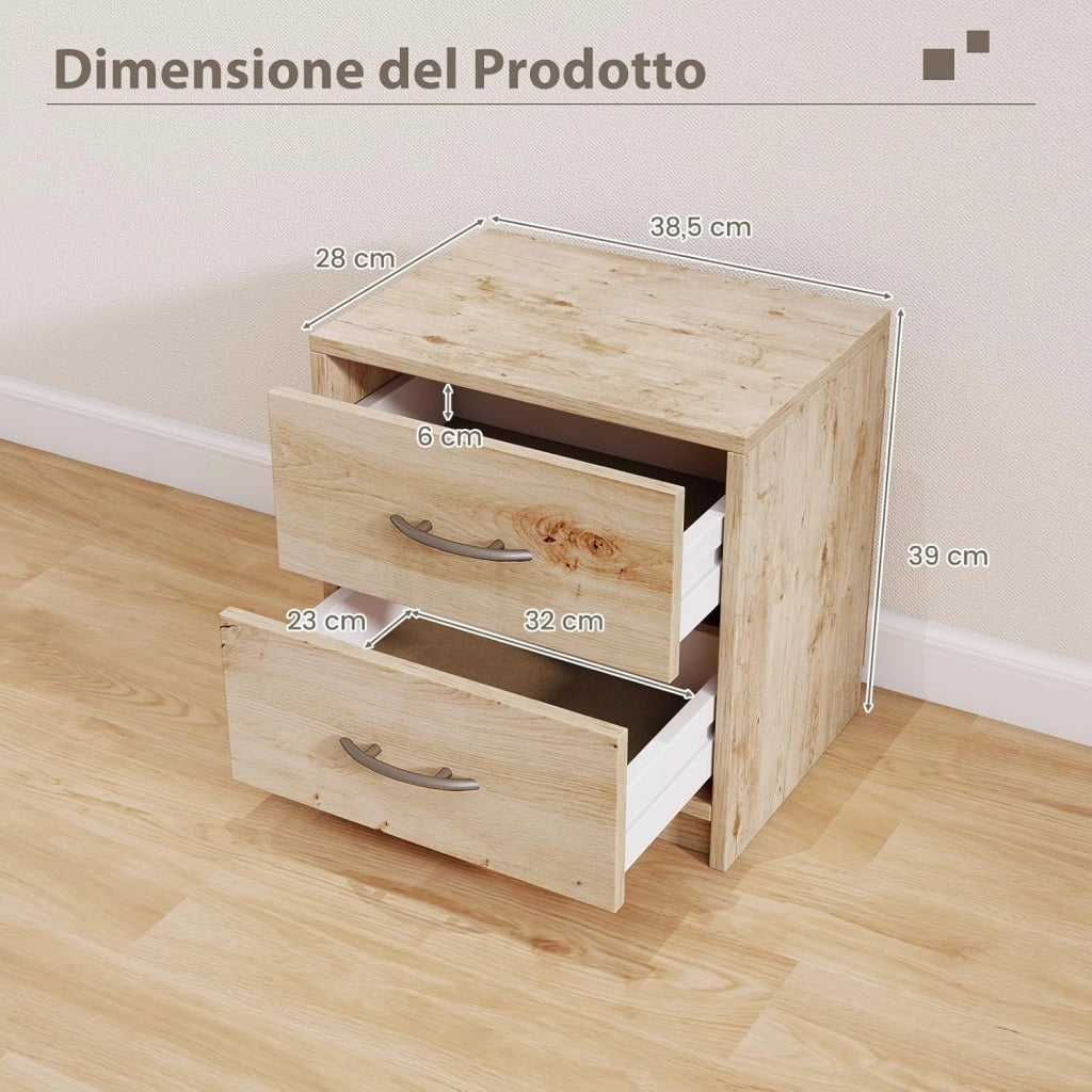 COSTWAY Comodino Camera da Letto con 2 Cassetti, Comodino Salvaspazio in Legno, Comodino Mobile da Letto con Kit Antiribaltamento, per Soggiorno e Studio, 38,5 x 28 x 39 cm (Naturale, 2 Cassetti)