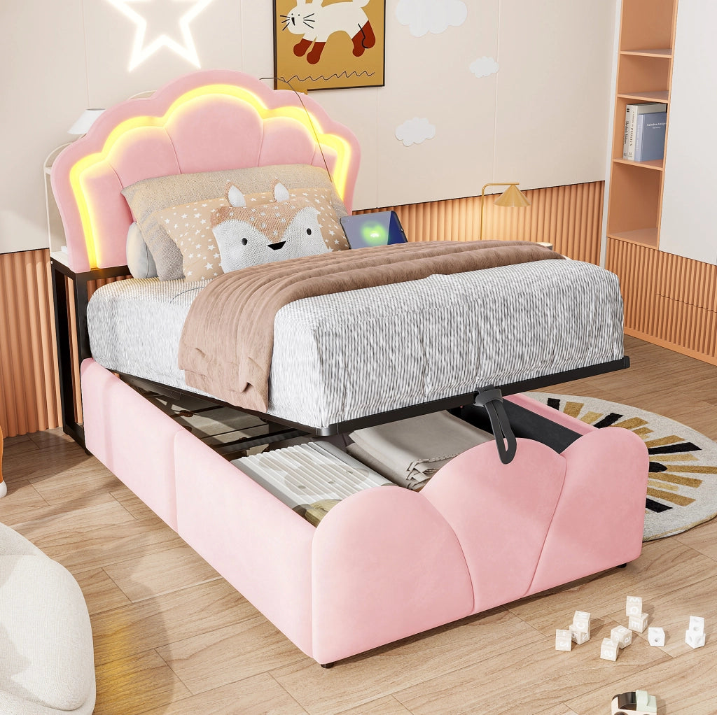 Letto imbottito 90x200 cm con contenitore idraulico, LED e prese integrate