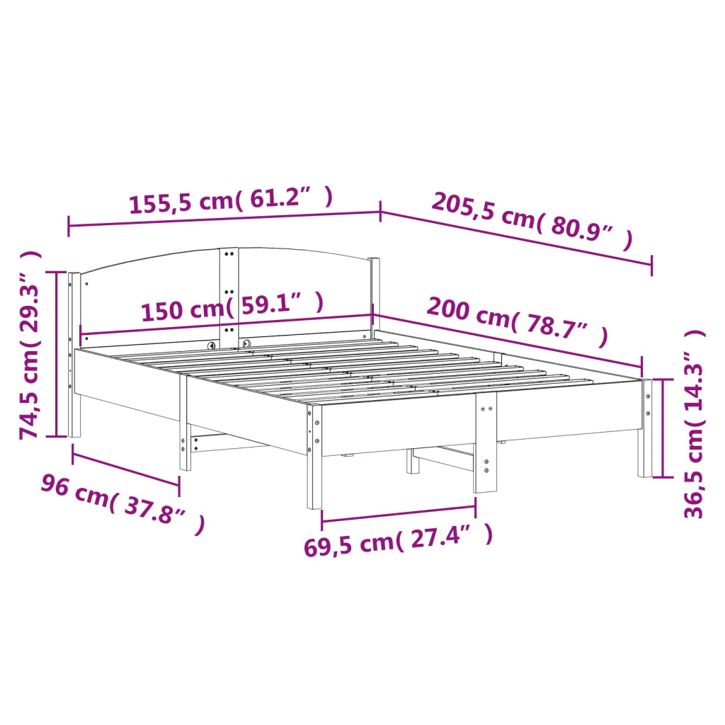 Letto matrimoniale | Letto per adulti | Giroletto senza Materasso Bianco 150x200 cm Legno Massello Pino