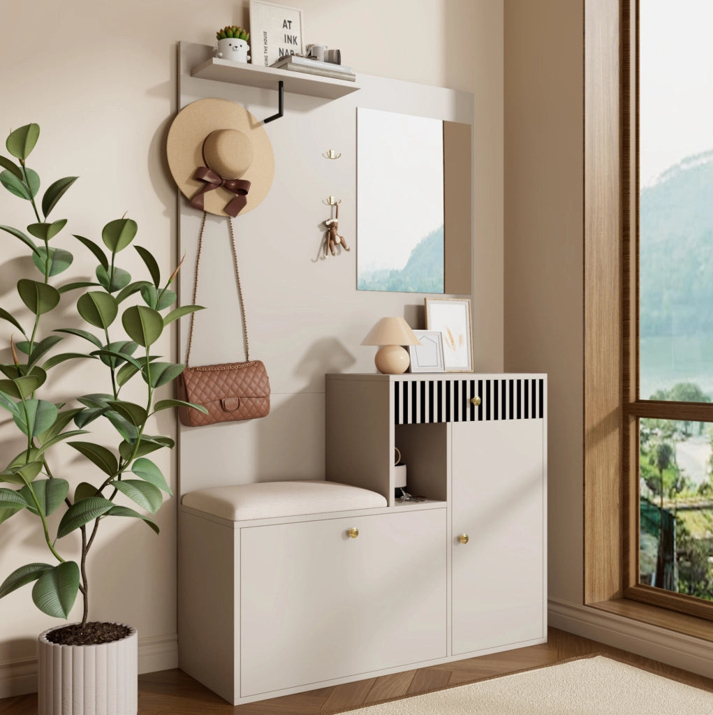 Mobile da ingresso 110x37x185.5 cm con specchio e seduta imbottita in MDF