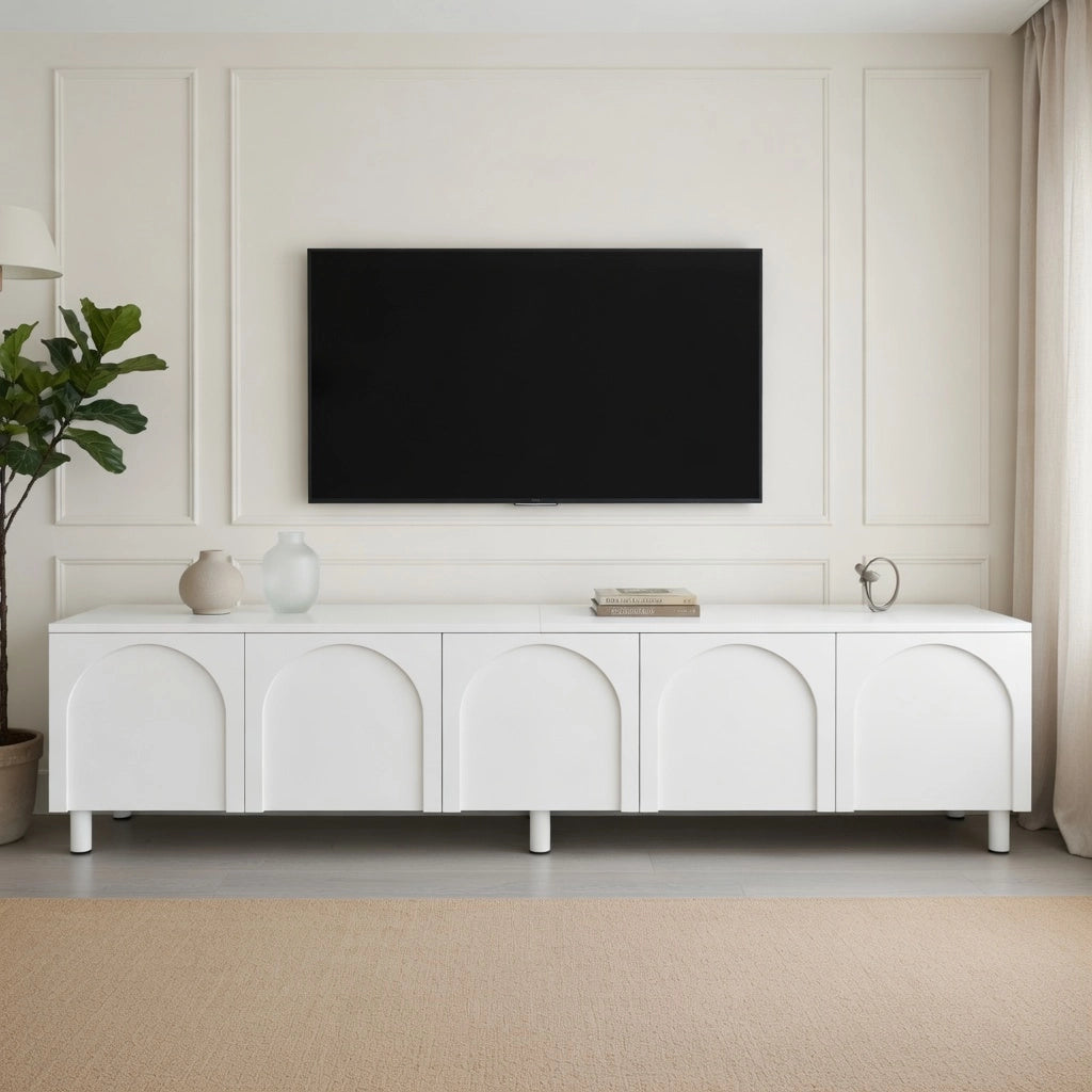 Lowboard TV bianco in MDF; lunghezza 180 cm
