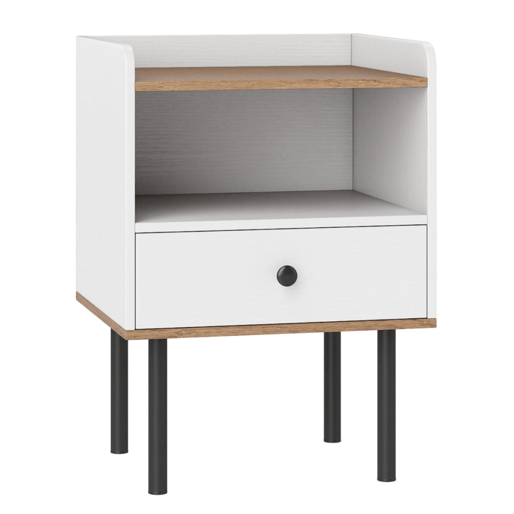 Comodino tavolino da letto con cassetto e ripiano aperto per soggiorno, Comodino camera da letto e spazi ridotti Bianco-Comodini