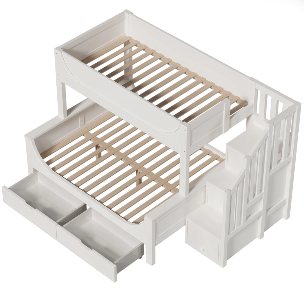 Letto a castello per bambini bianco con scala contenitore, cassetti e rete a doghe, 90x200/140x200 cm