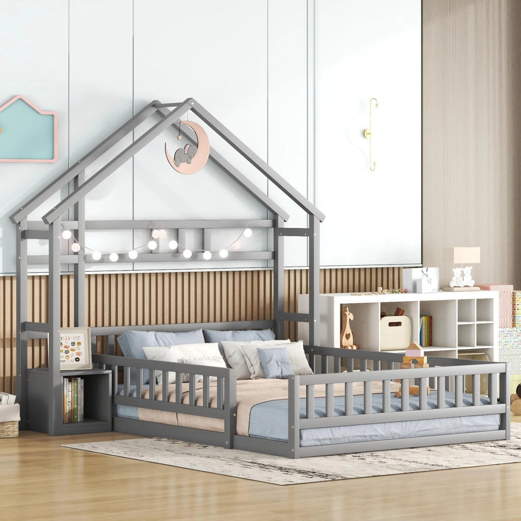 LETTO a casetta 140 x 200 cm con spondale, grigio, con comodino laterale