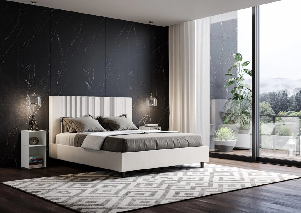 BS COM Letto matrimoniale contenitore doppia alzata imbottito 160x200 similpelle bianco