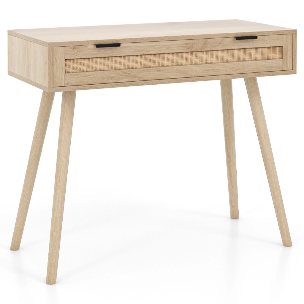 Tavolo consolle in rattan per divano con cassetto rstraibile in legno-Tavolino d'ingresso in stile boho Naturale