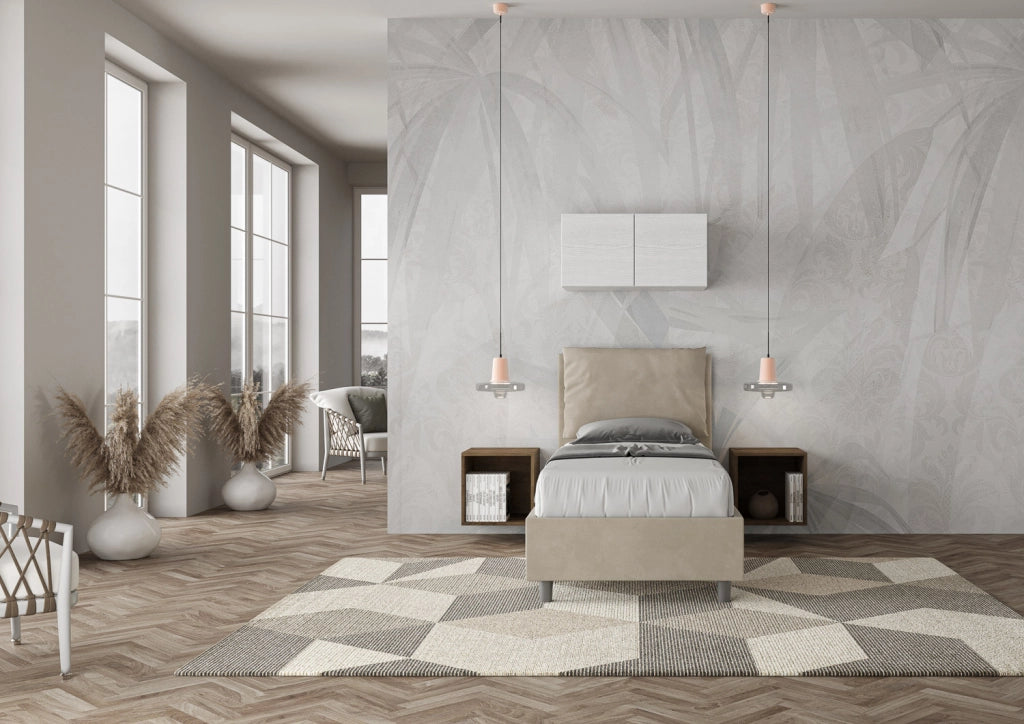 BS COM Letto singolo con rete imbottito 80x200 microfibra sabbia