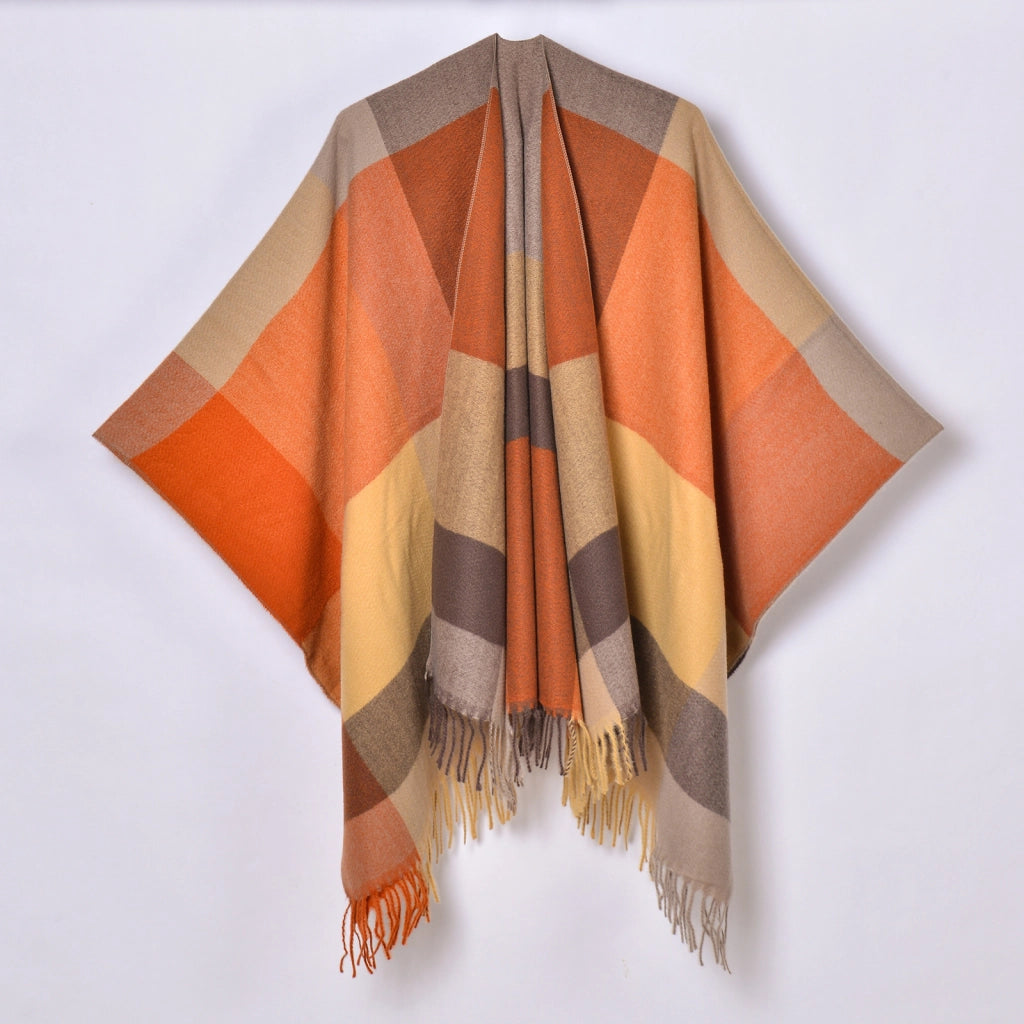 Nuovo scialle a quadri, cardigan/mantella da donna classico in jacquard con spacco e nappine, lavorato a maglia.