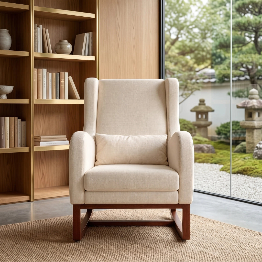Poltrona relax a dondolo 73x62x48 cm con poggiapiedi;sedia a dondolo da interno per allattamento;struttura in legno e velluto opaco beige