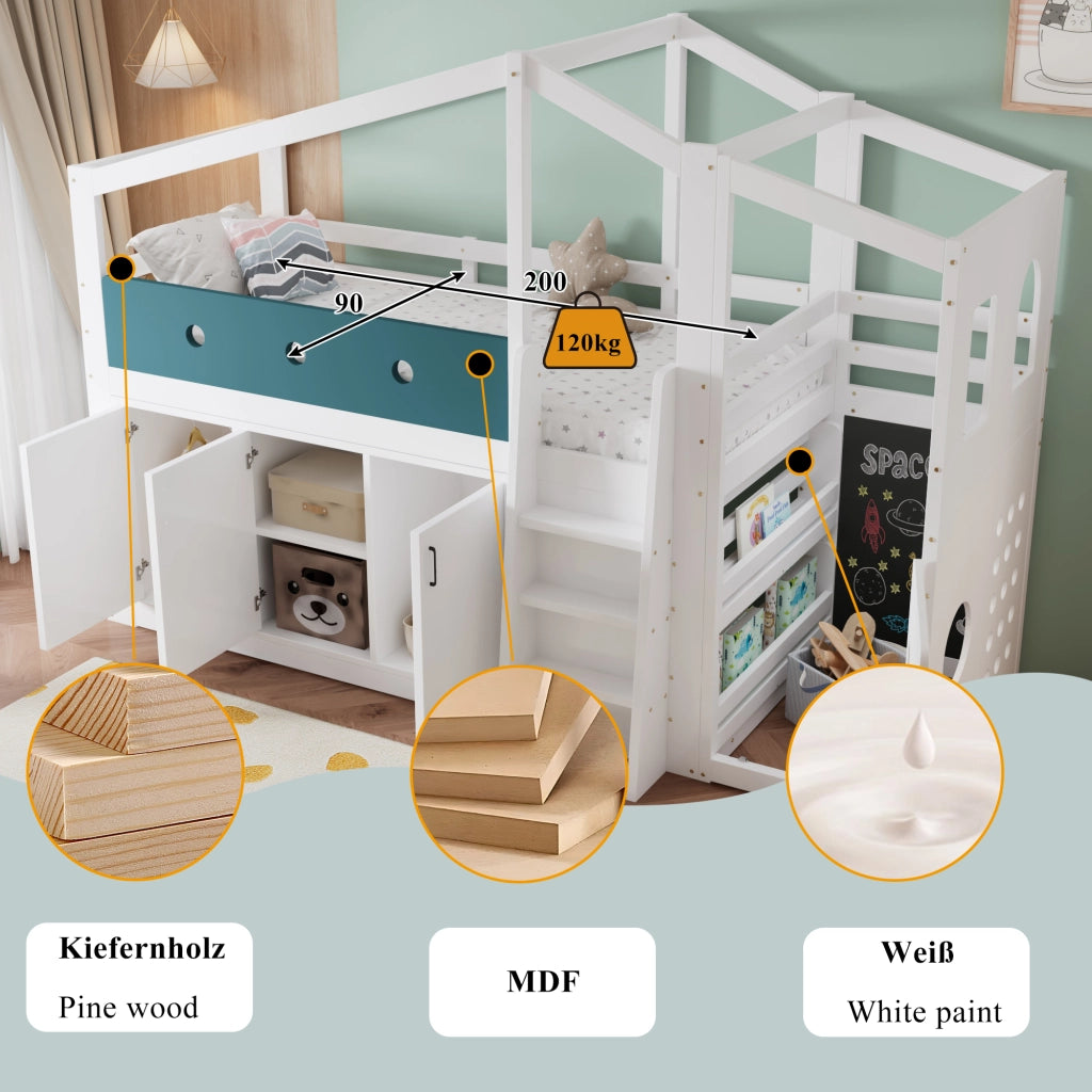 LETTO Semialto a forma di casa 90x200 cm Bianco in legno e MDF
