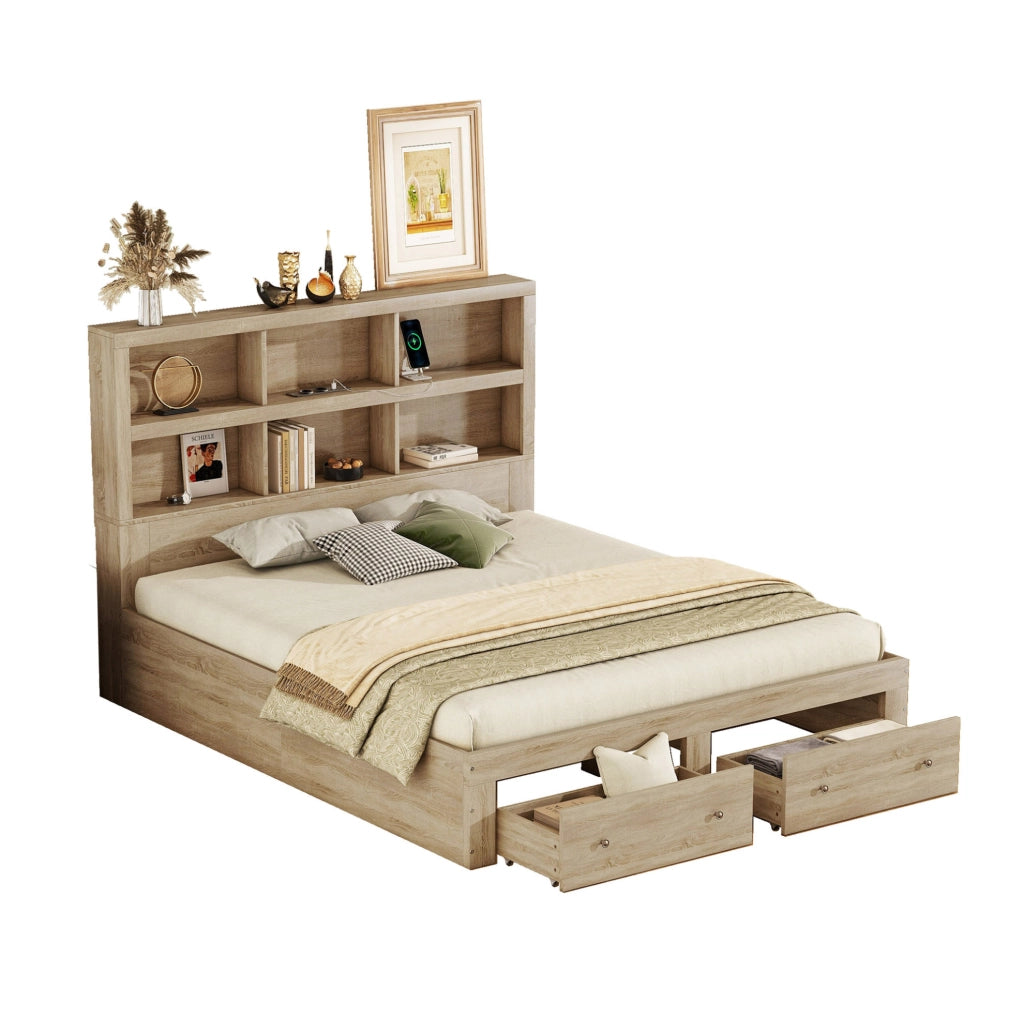 Letto matrimoniale 160x200 cm in truciolare naturale con testiera contenitore; USB e 2 cassetti