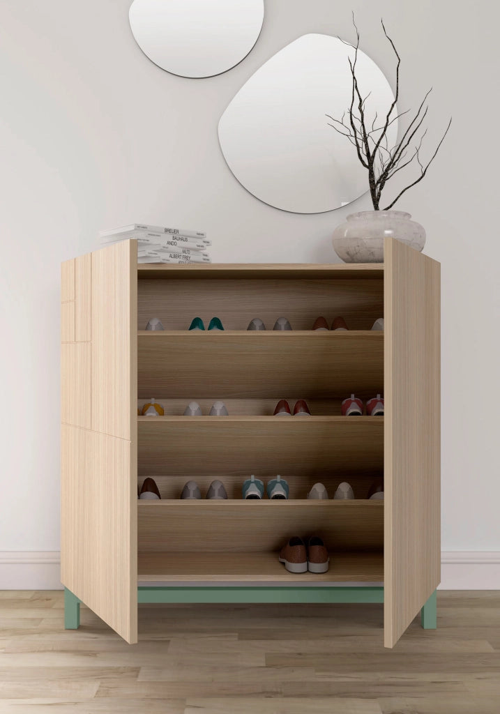Scarpiera Herdasa effetto noce chiaro gambe verdi 90x90x27