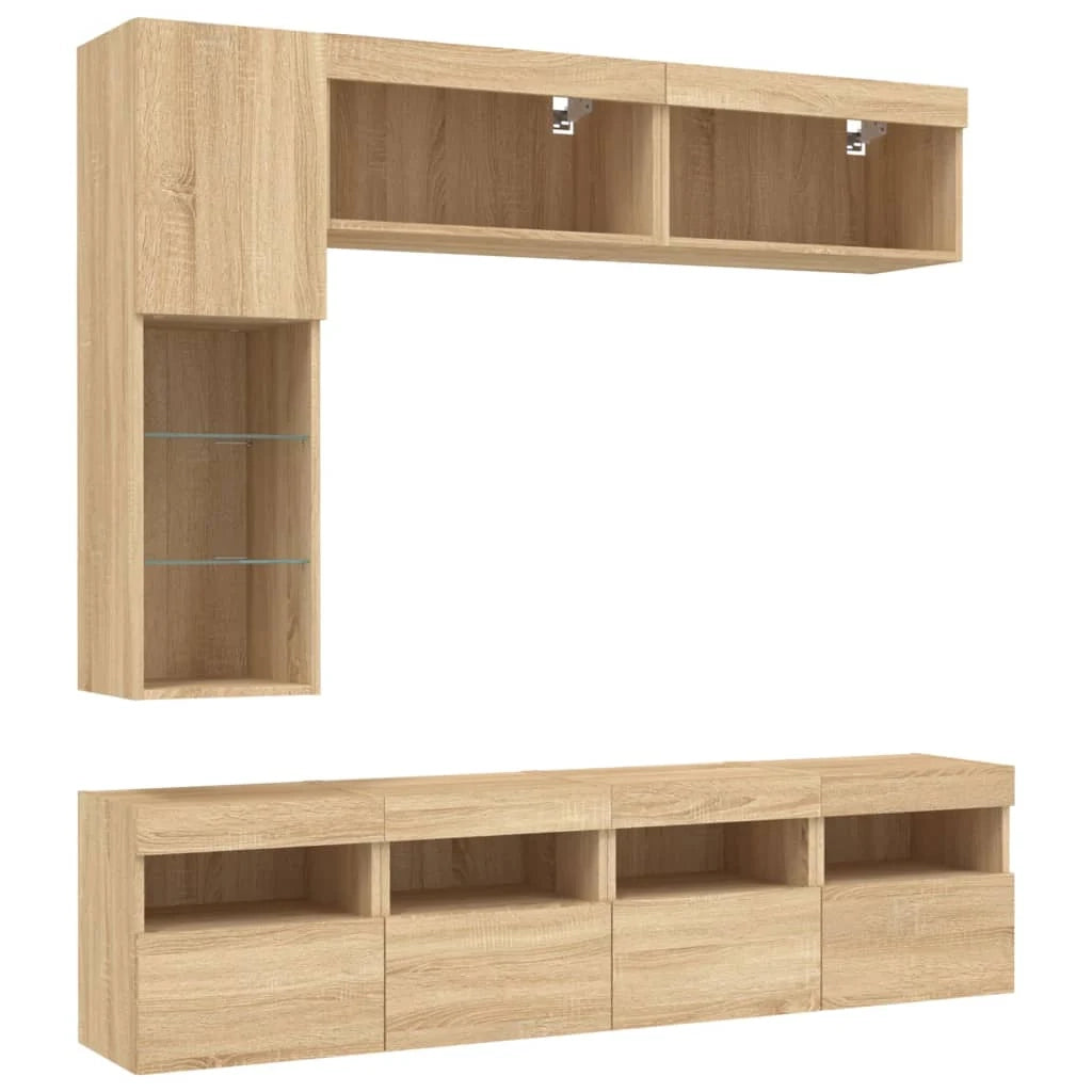 Set di mobili da 7 pezzi tra cui armadio credenza mobile TV parete attrezzata per soggiorno/camera da letto/soggiorno e luci a LED finitura rovere marrone Sonoma 02_0025374