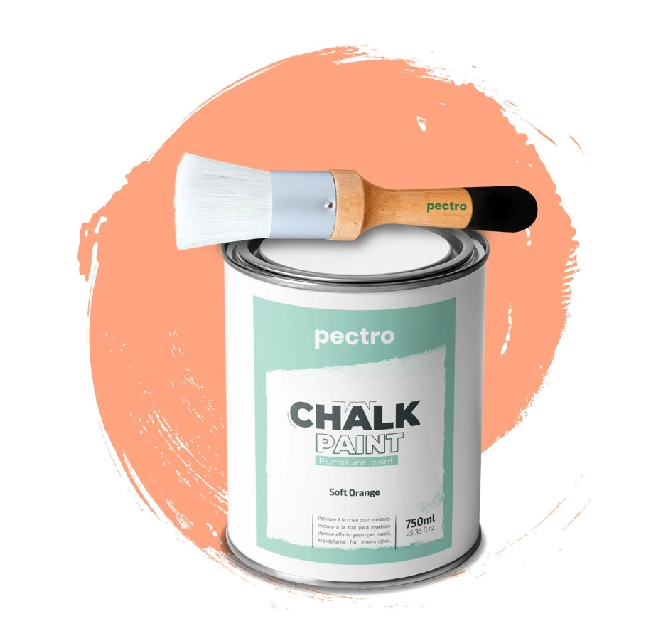 Chalk Paint Vernice a Gesso 750ml + Pennello Tondo in Legno Pack ARANCIA MORBIDA - Pittura per Mobili Senza Carteggiare