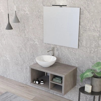 Mobile bagno sospeso 80 cm grigio cemento con vani a giorno completo di lavabo e specchio Master