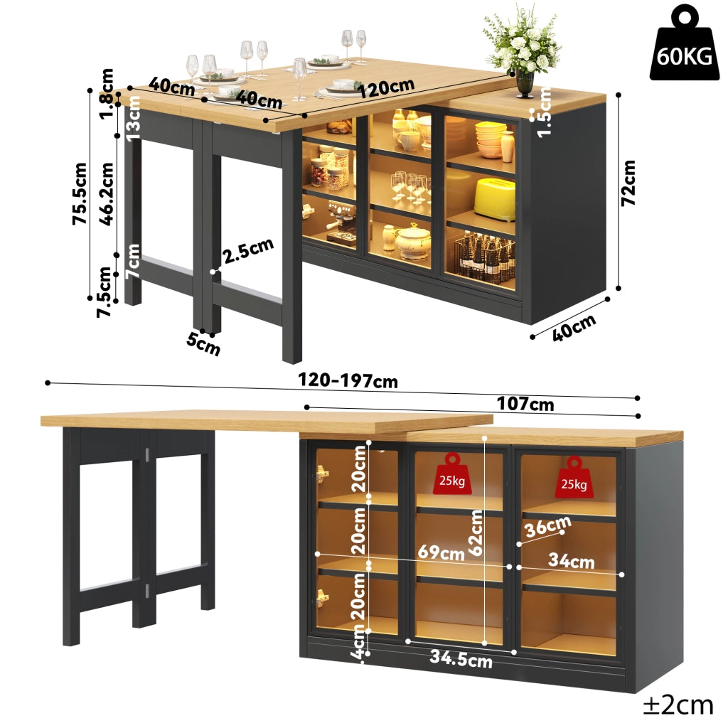 Tavolo allungabile con mobile laterale, LED e piano girevole a 360° per cucina, in MDF e vetro, nero, 120 × 40 × 72 cm