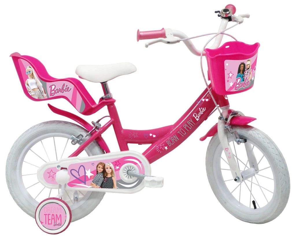Bicicletta per Bambine 14" Barbie Freni Caliper e Stabilizzatori in Acciaio Hi-Ten Rosa