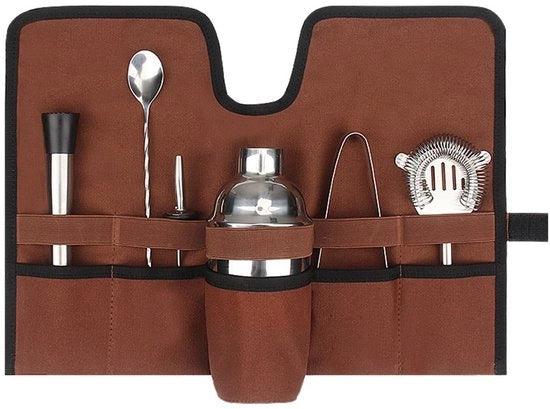Kit di Mixologia Professionale Portatile e Ripiegabile - Marrone - Strumenti per Mixare all'Aperto - Ideale per Campeggiare